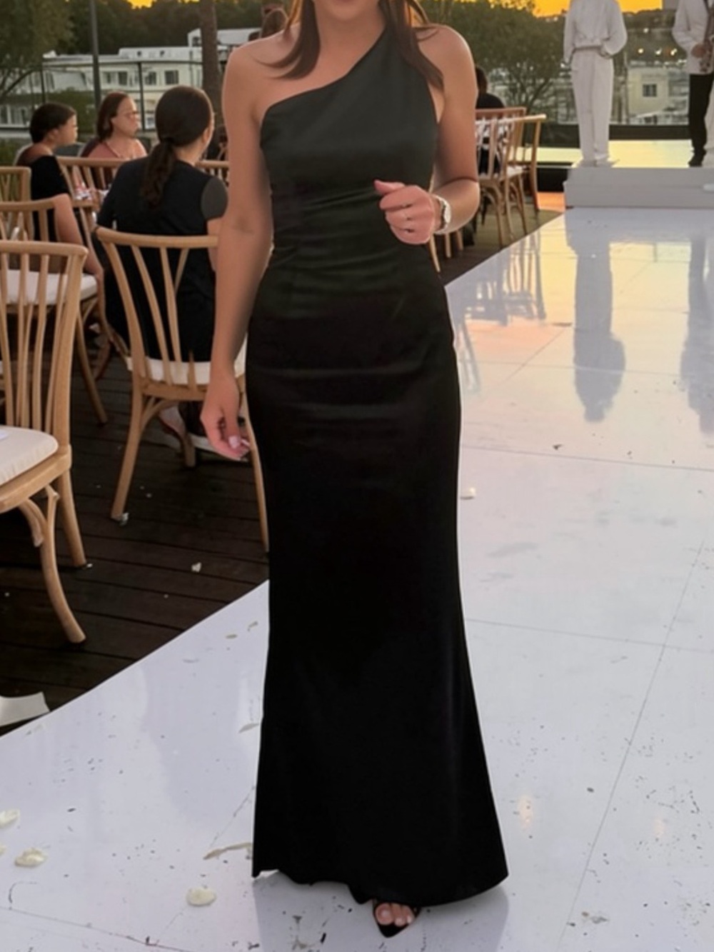 Meshki Black One-Shoulder Satin Evening Dress